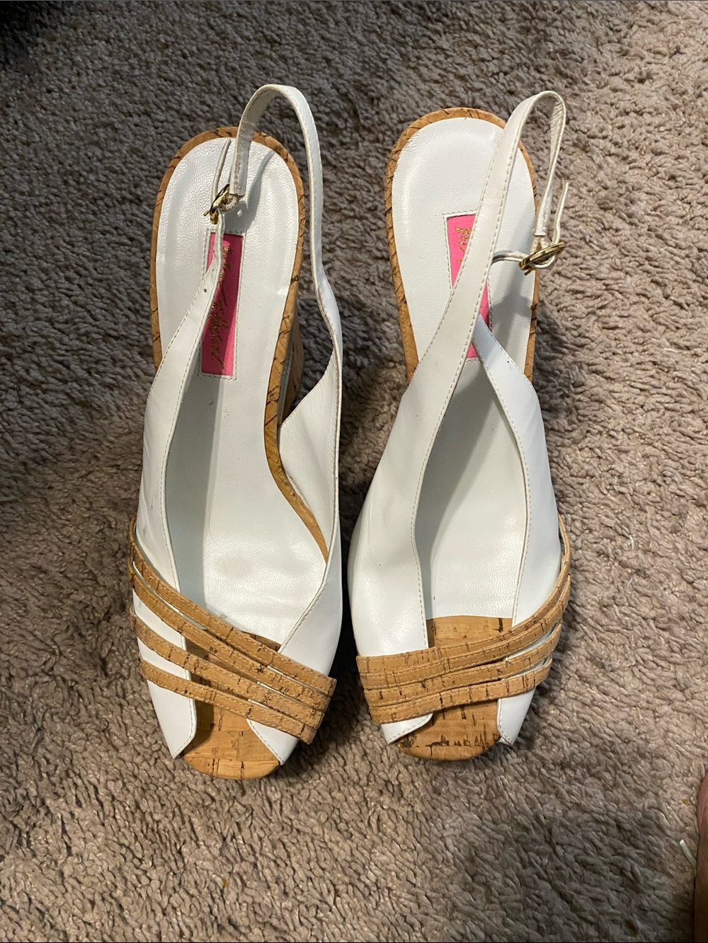 Betsey Johnson White and Cork Slingback Peep-Toe Wedges9M